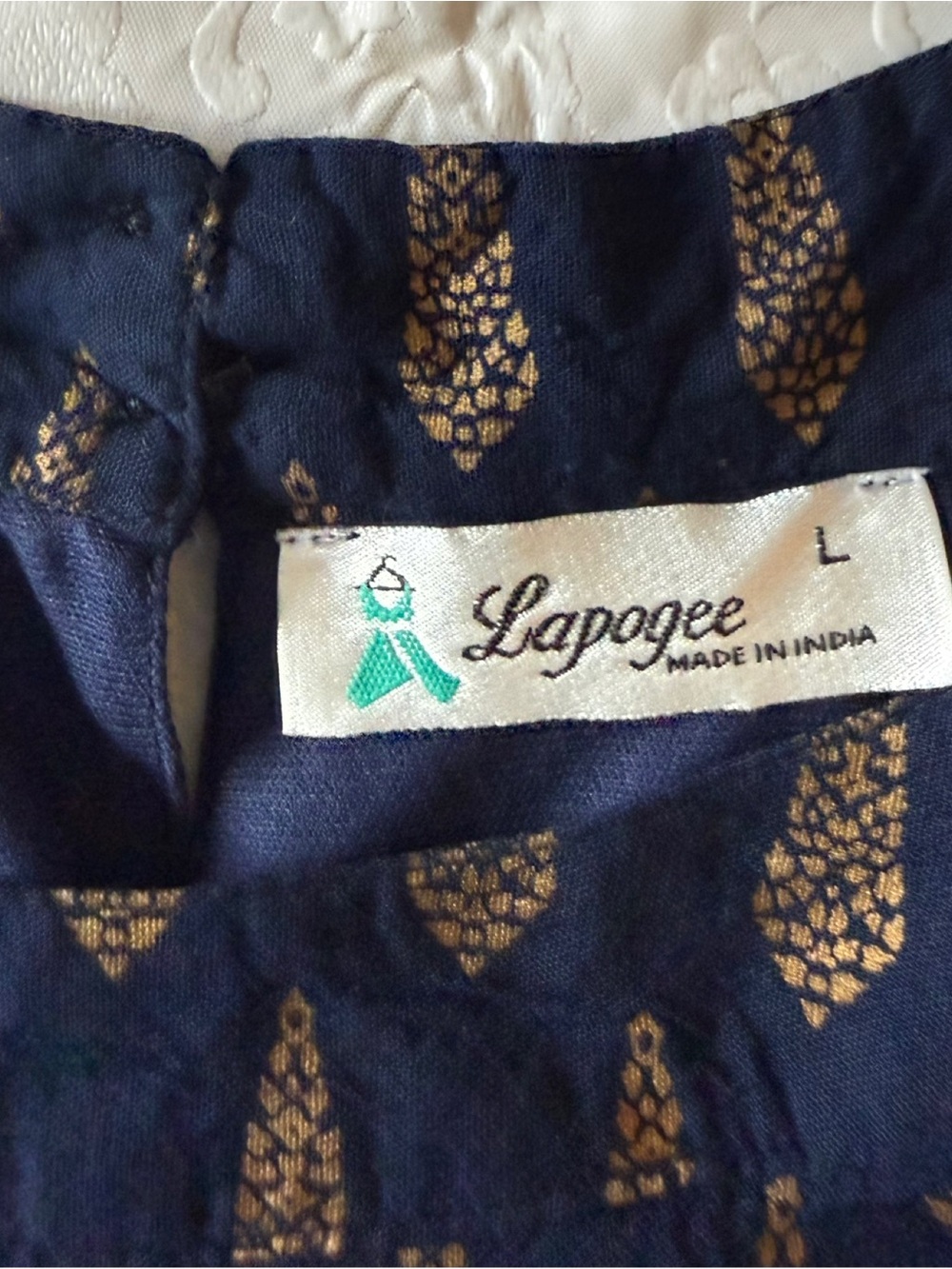 Lapogee Navy Blue Sleeveless Printed Midi Dress with Gold Motif. Large - Picture 7 of 8